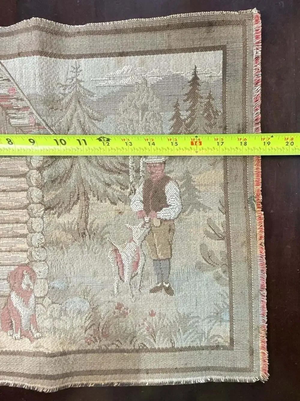 Vintage Gobelin Wall Hanging Tapestry Village Scene with Log Cabin, Dogs